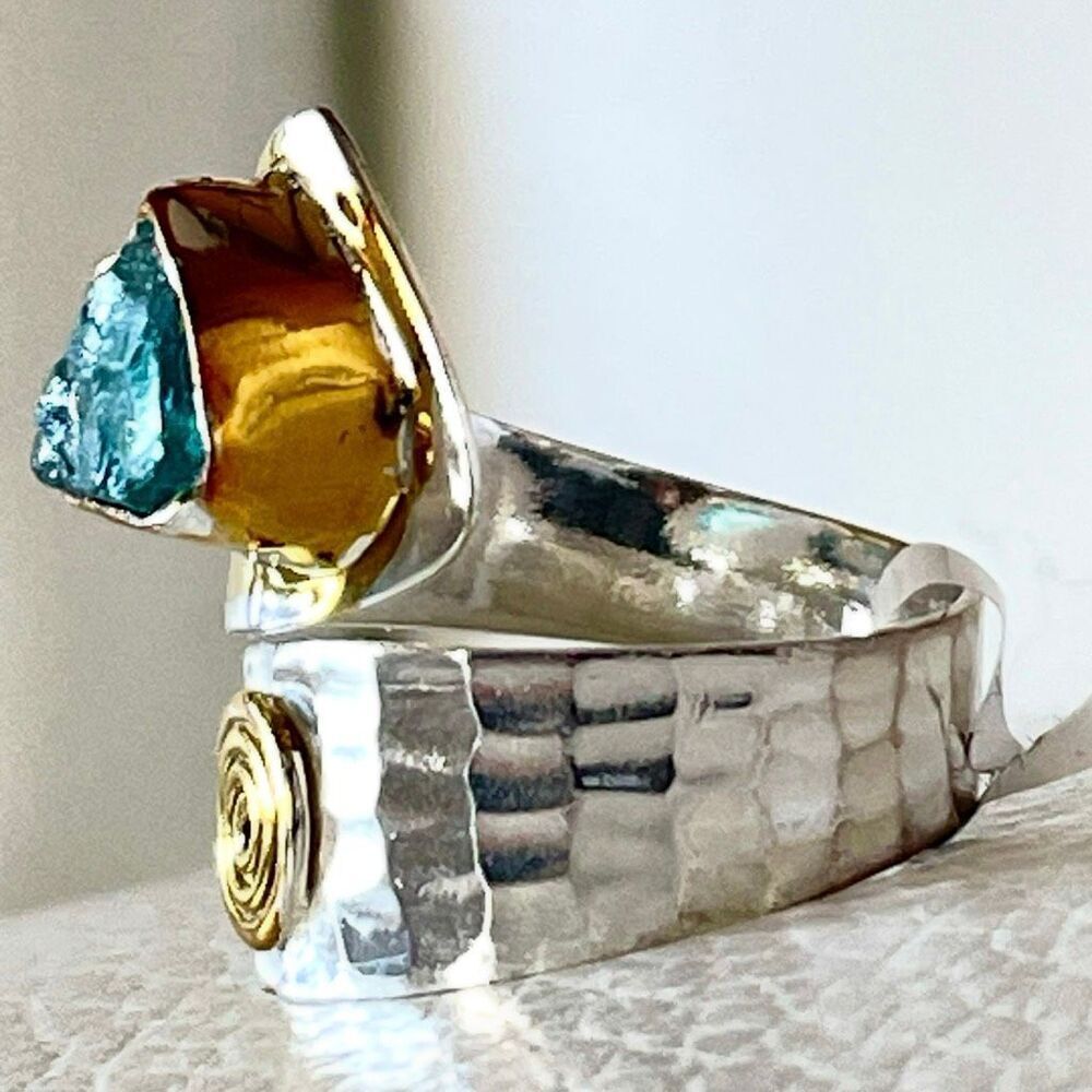 NWT .925 Sz 7 Sterling Silver Pleated & Gold Neon Blue Apatite Bypass Ring - Picture 7 of 12